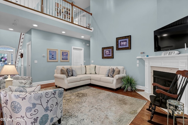 living room featuring wood-type flooring and a high ceiling