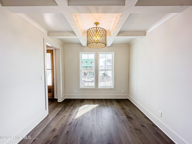 unfurnished dining area with coffered ceiling, beamed ceiling, dark hardwood / wood-style floors, a chandelier, and ornamental molding