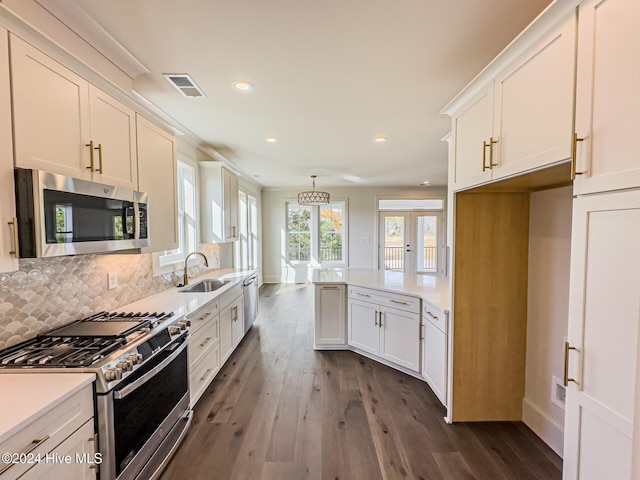 kitchen with white cabinetry, french doors, sink, stainless steel appliances, and dark hardwood / wood-style flooring