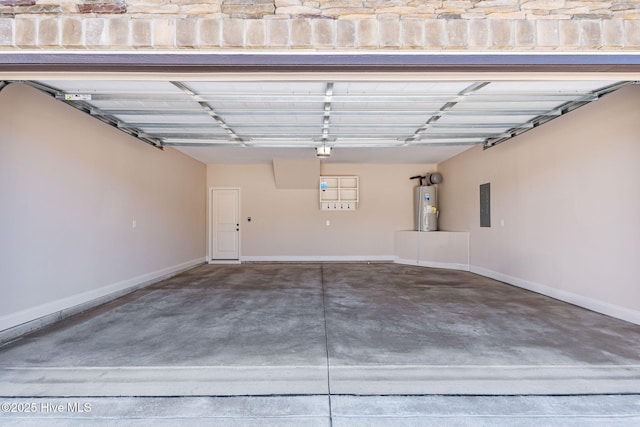 garage featuring electric panel, baseboards, a garage door opener, and electric water heater