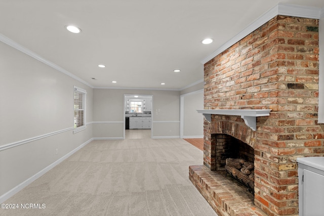 unfurnished living room featuring light carpet, ornamental molding, and a fireplace