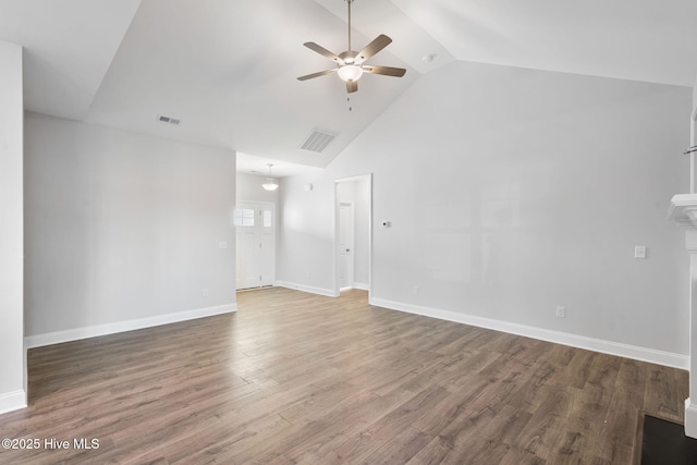 unfurnished living room with wood finished floors, visible vents, and a ceiling fan