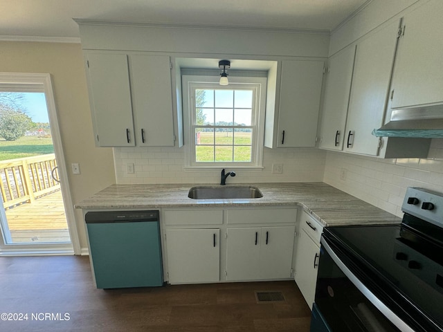 kitchen with dishwasher, white cabinets, sink, and black electric range