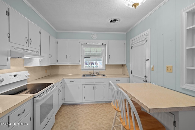 kitchen featuring sink, white cabinetry, and white electric stove