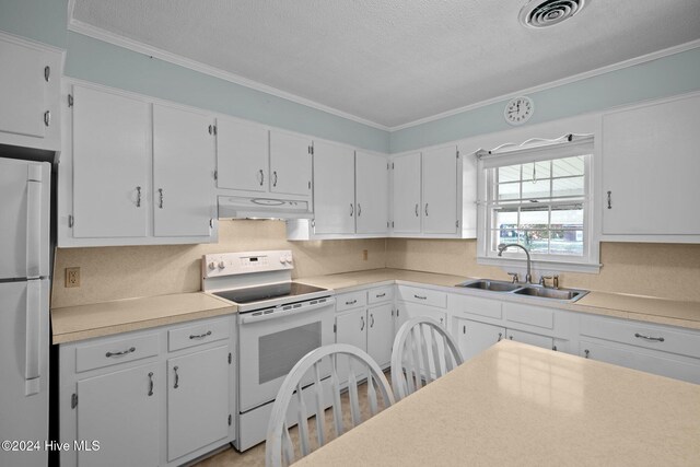 kitchen featuring stove, sink, white cabinets, and white refrigerator