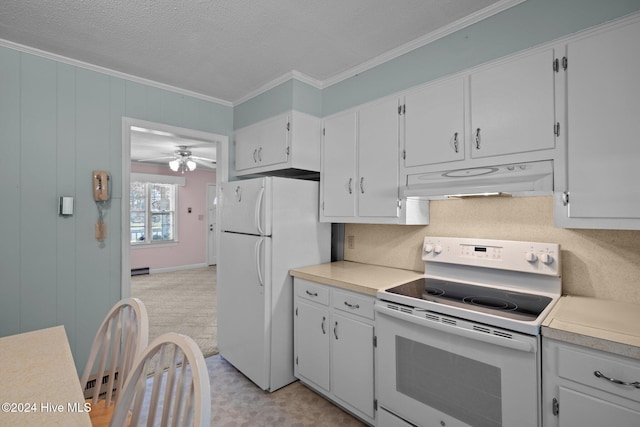 kitchen featuring crown molding, white cabinetry, white appliances, and ceiling fan