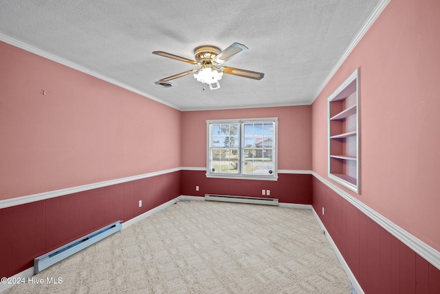 empty room with a textured ceiling, baseboard heating, and light colored carpet