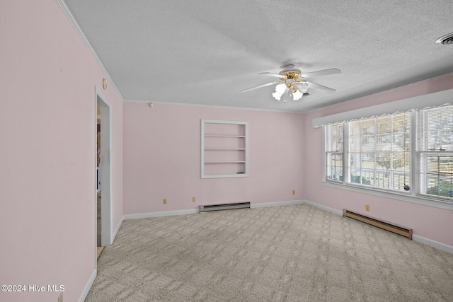 carpeted spare room with ornamental molding, a textured ceiling, a baseboard radiator, and ceiling fan