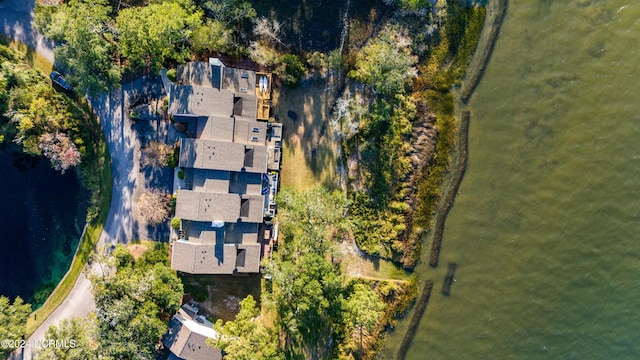 drone / aerial view featuring a water view