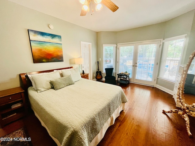 bedroom with access to outside, french doors, ceiling fan, and dark hardwood / wood-style flooring