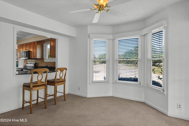 dining area with light carpet, ceiling fan, a textured ceiling, and a healthy amount of sunlight