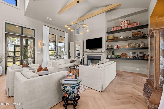 living room with a notable chandelier, french doors, high vaulted ceiling, and light parquet flooring