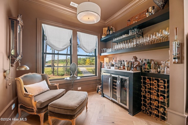 bar with crown molding, light parquet flooring, and beverage cooler