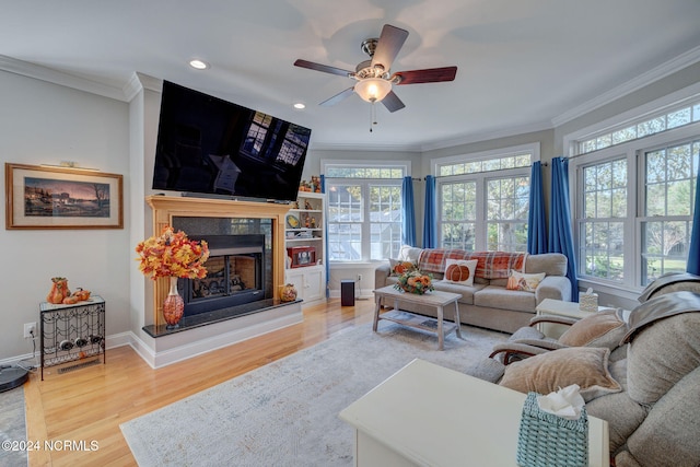 living room featuring crown molding, hardwood / wood-style flooring, and ceiling fan