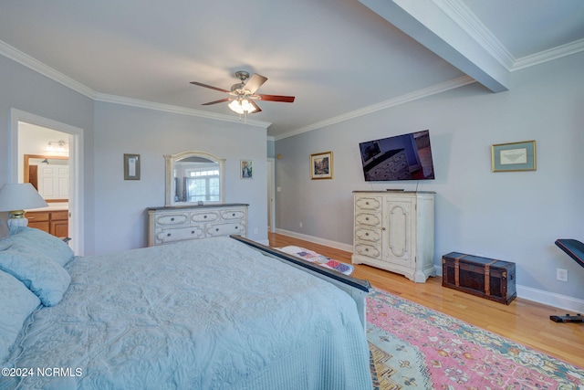 bedroom featuring connected bathroom, ceiling fan, ornamental molding, and hardwood / wood-style floors