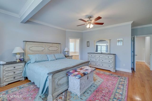 bedroom with light hardwood / wood-style floors, ornamental molding, connected bathroom, and ceiling fan