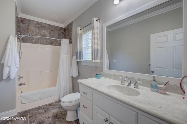 full bathroom with vanity, ornamental molding, shower / tub combo with curtain, and toilet