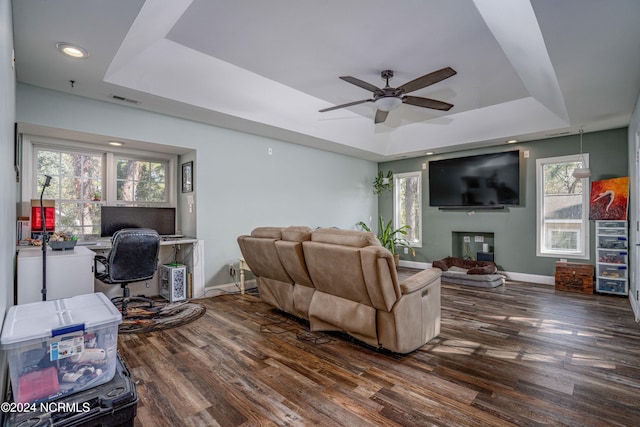 living room with a healthy amount of sunlight, dark hardwood / wood-style flooring, and a raised ceiling