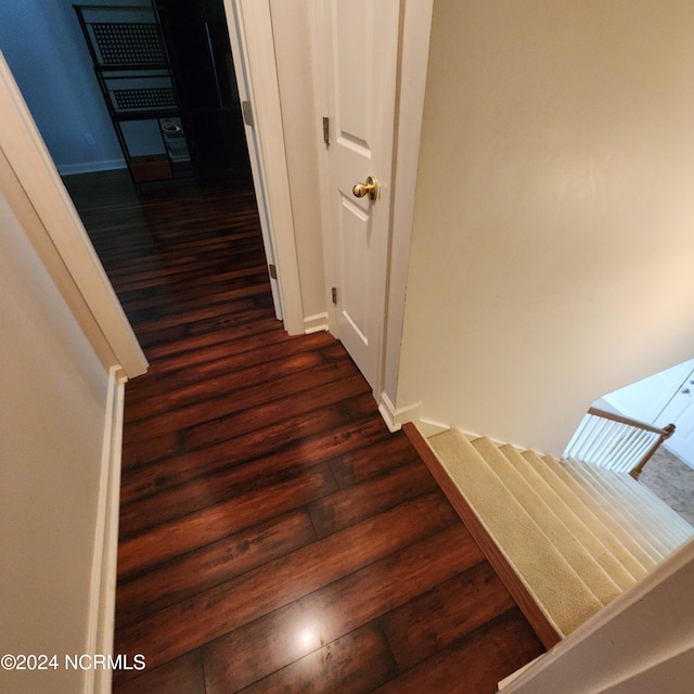 stairway featuring hardwood / wood-style flooring