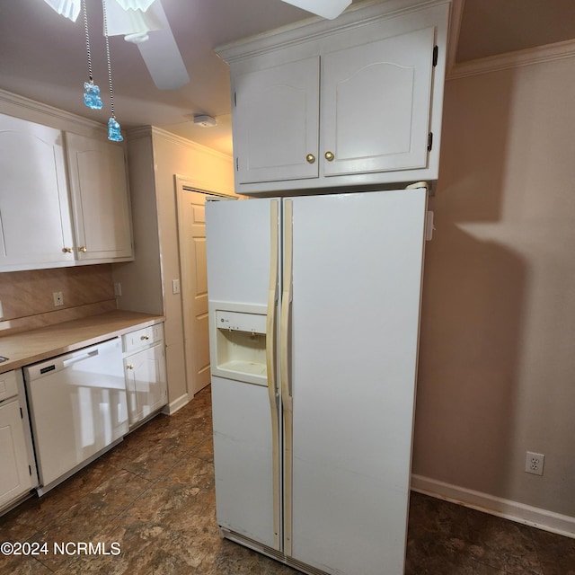 kitchen featuring ornamental molding, white cabinetry, ceiling fan, and white appliances