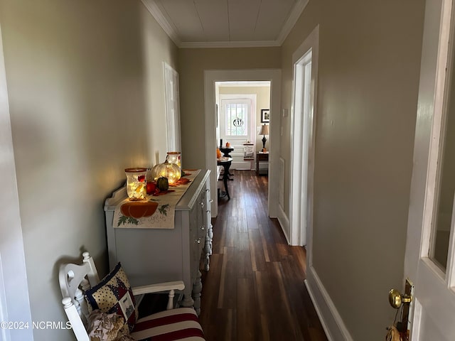 corridor with dark wood-type flooring and ornamental molding