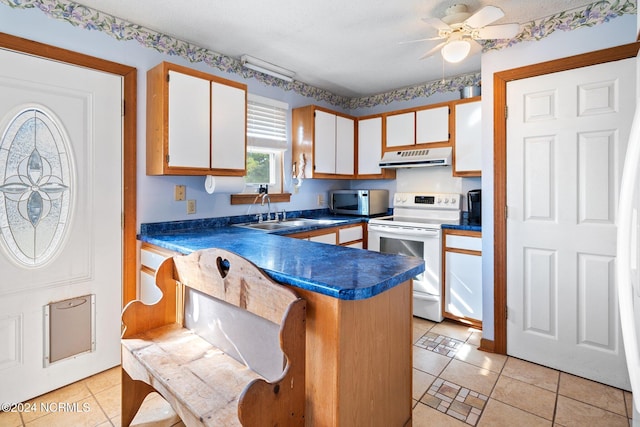 kitchen with kitchen peninsula, white cabinets, white electric stove, and sink