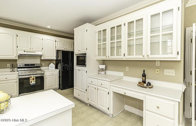 kitchen featuring crown molding, stainless steel electric stove, black fridge with ice dispenser, built in microwave, and under cabinet range hood