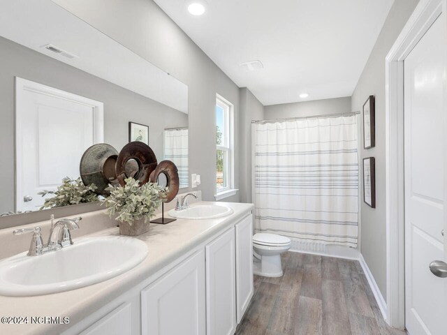 bathroom with a shower with curtain, toilet, vanity, and hardwood / wood-style flooring