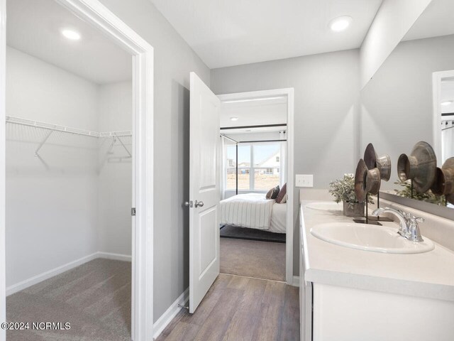 bathroom featuring hardwood / wood-style floors and vanity