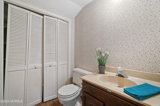 bathroom with toilet, lofted ceiling, hardwood / wood-style flooring, and vanity