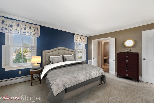 carpeted bedroom with ornamental molding and baseboard heating