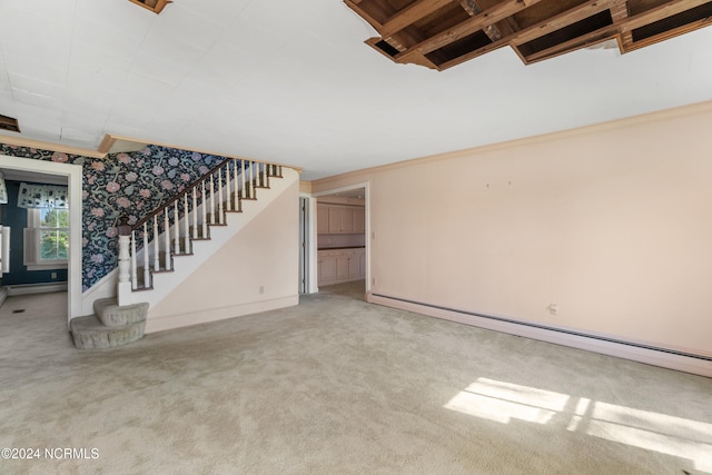 unfurnished living room featuring a baseboard radiator, crown molding, and light colored carpet