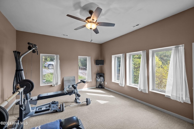 workout area with carpet floors and ceiling fan