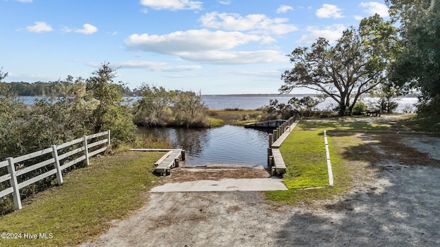 view of dock with a water view