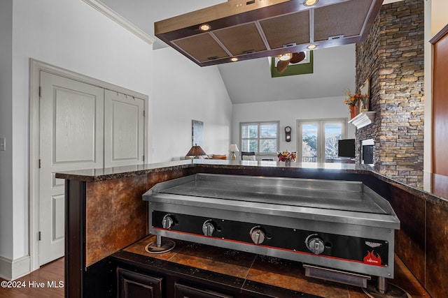 kitchen featuring vaulted ceiling, kitchen peninsula, hardwood / wood-style flooring, dark brown cabinets, and range hood