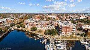 bird's eye view with a water view