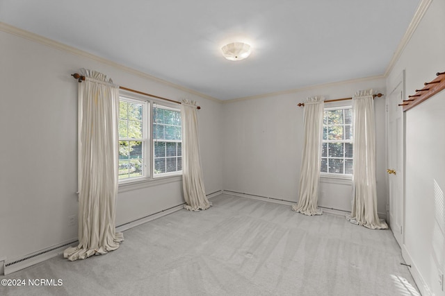 spare room with light carpet, ornamental molding, a baseboard radiator, and plenty of natural light