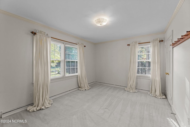 empty room featuring ornamental molding, carpet floors, healthy amount of natural light, and baseboard heating