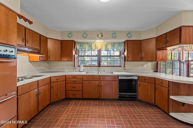kitchen featuring a sink, black dishwasher, white electric stovetop, light countertops, and plenty of natural light