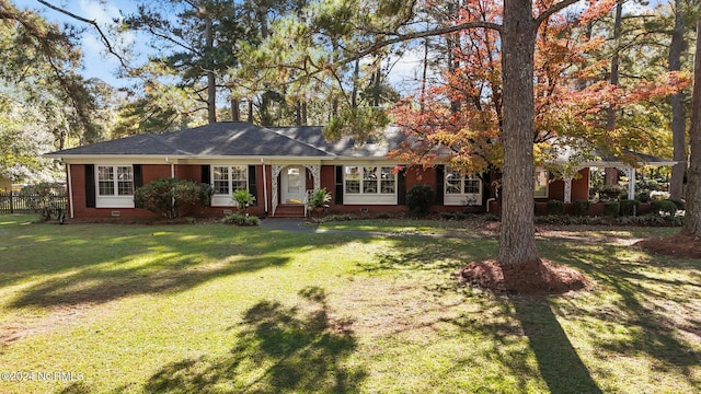 single story home featuring crawl space, brick siding, and roof with shingles