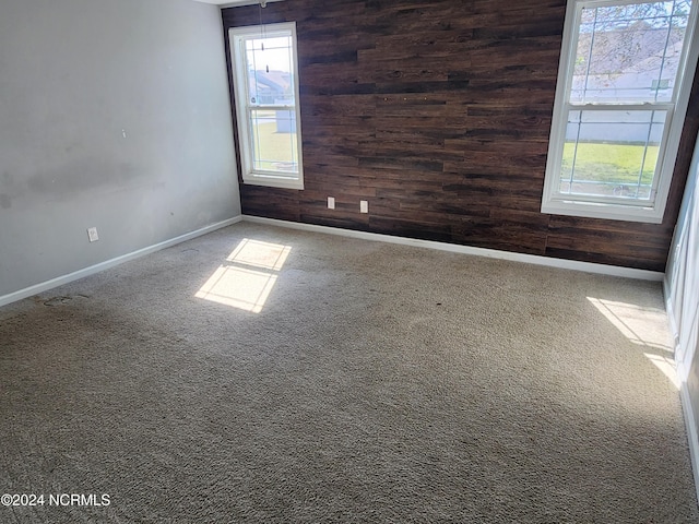 carpeted empty room featuring a healthy amount of sunlight and wooden walls