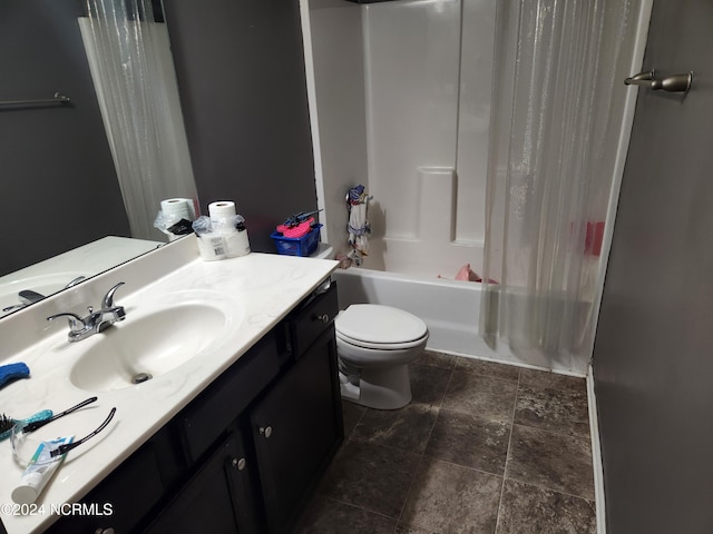 full bathroom featuring toilet, vanity, and shower / bathtub combination with curtain