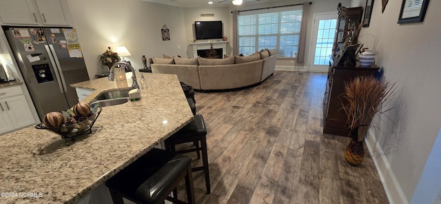 living room featuring dark wood-type flooring, ornamental molding, and sink