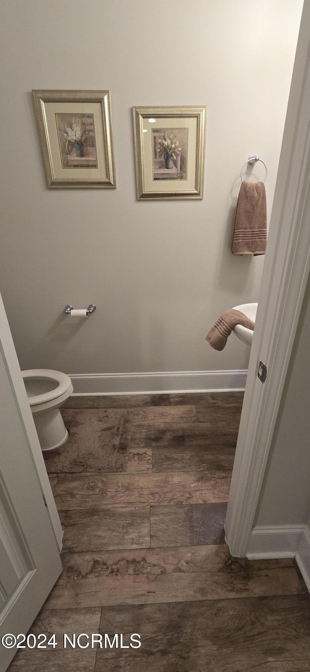 bathroom with wood-type flooring and toilet