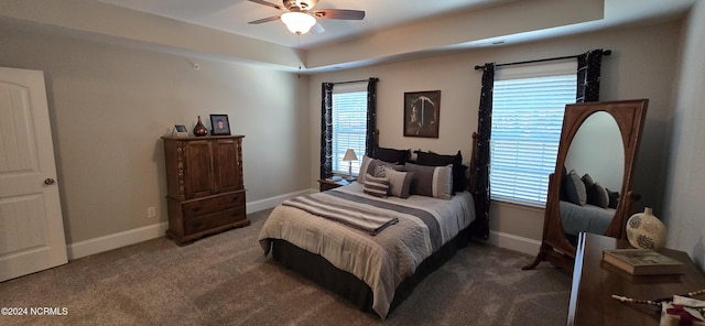 bedroom with a tray ceiling, carpet floors, and ceiling fan