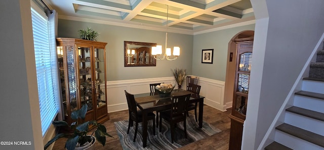 dining space featuring a chandelier, ornamental molding, coffered ceiling, dark wood-type flooring, and beam ceiling