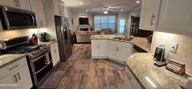 kitchen featuring sink, white cabinetry, stainless steel appliances, light stone counters, and dark hardwood / wood-style flooring