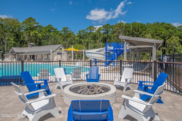 view of patio / terrace featuring a fire pit and a community pool