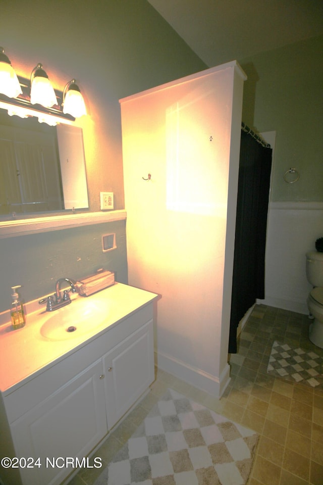 bathroom featuring vanity, curtained shower, and toilet