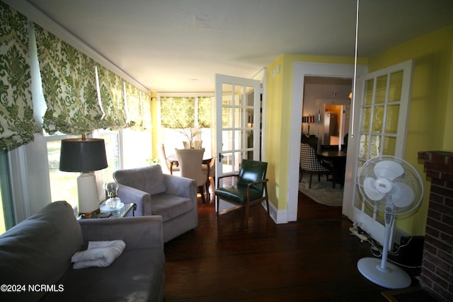 living room featuring dark wood-type flooring